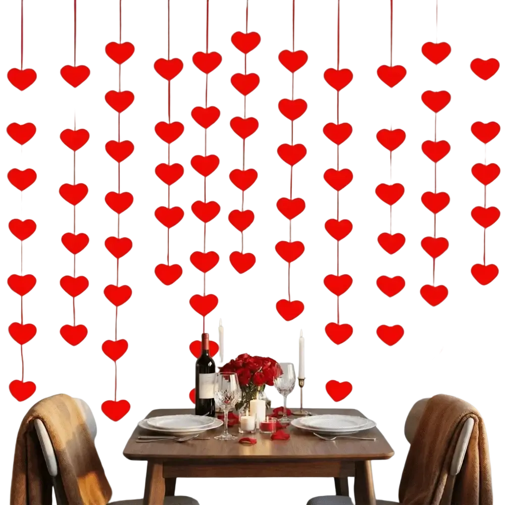Red heart hanging garland with vertical chains featuring red heart decorations ideal for valentine party decor and party decor
