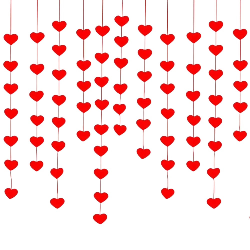 Red heart hanging garland with red heart-shaped decorations in vertical strands for valentine party decor
