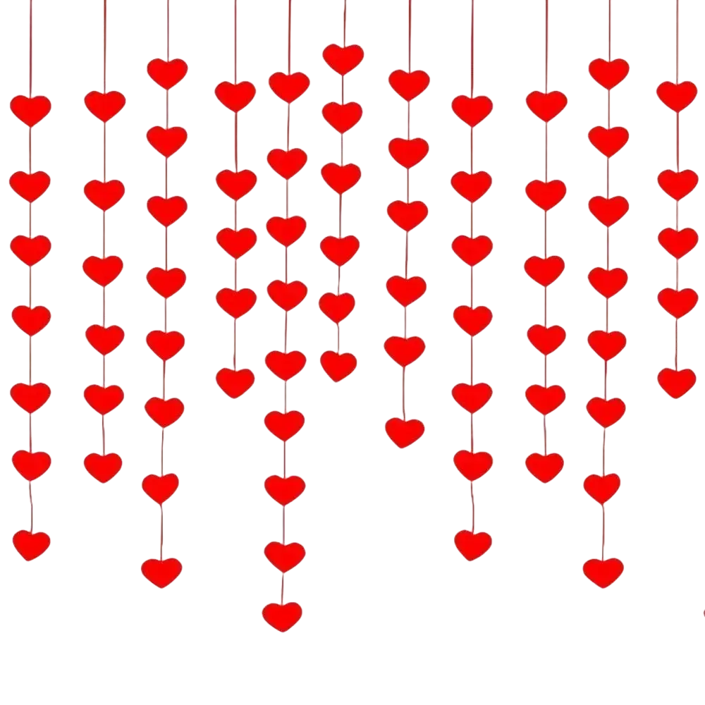 Red heart hanging garland with heart-shaped decorations in vertical strands for valentine party decor