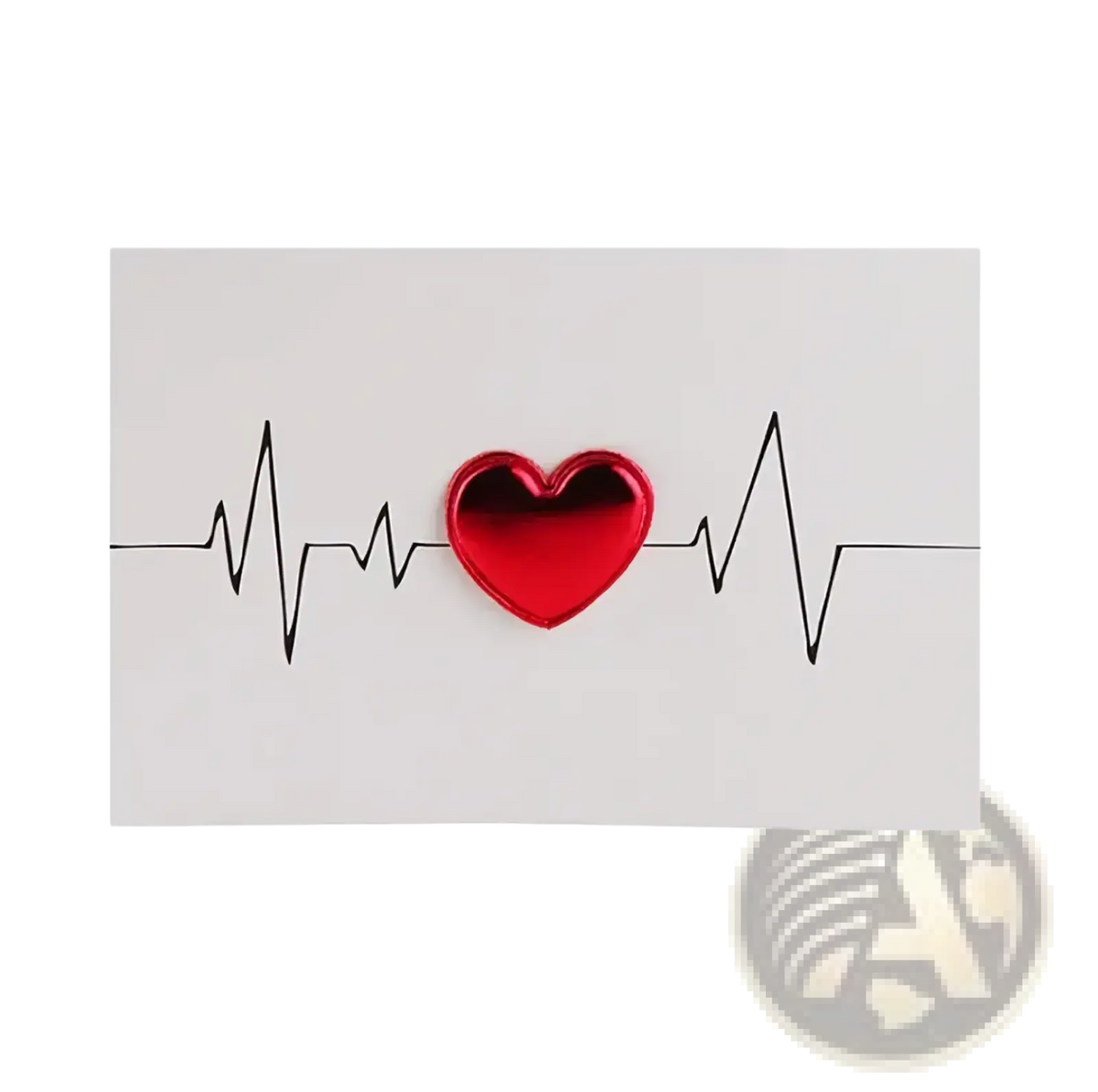 Red heart valentine greeting card featuring a shiny reflective heart on a black electrocardiogram line design