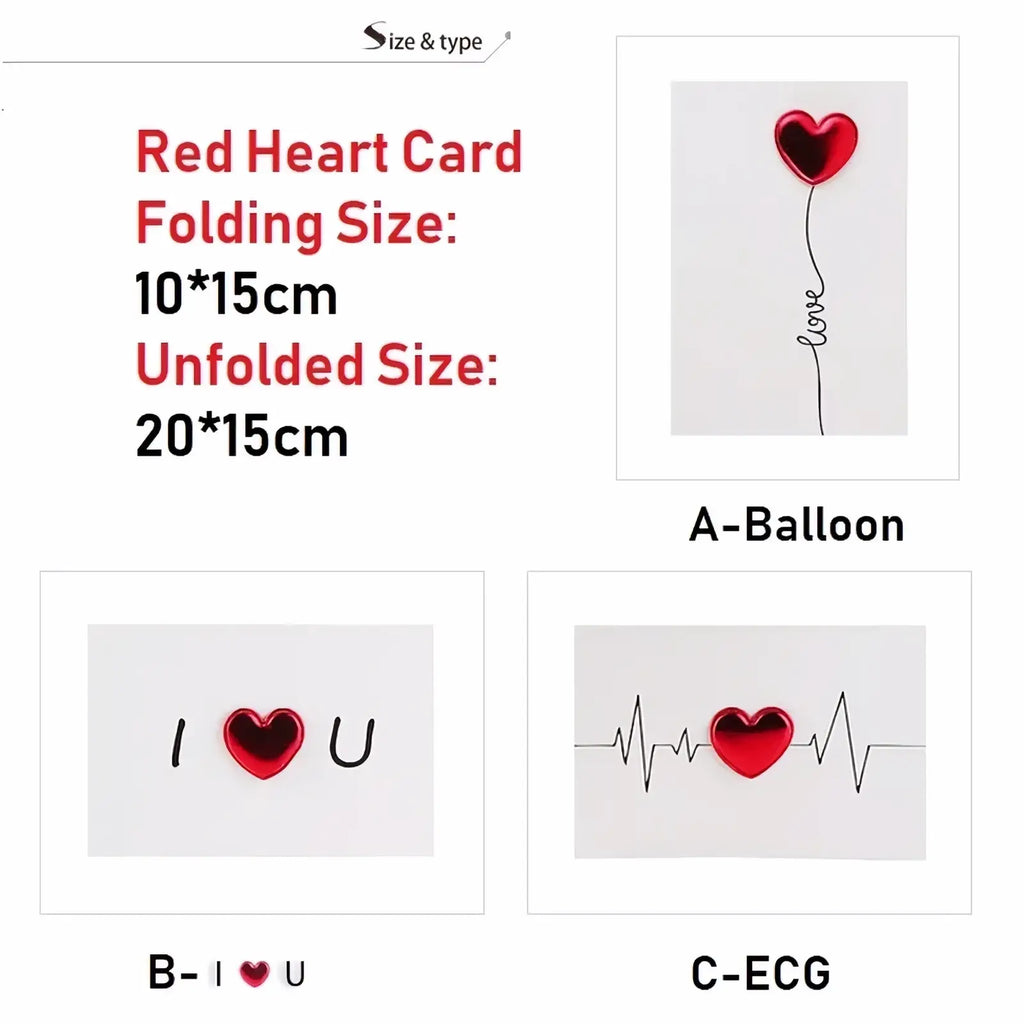 Red heart valentine greeting card with glossy finish and minimalist design featuring balloon i heart u and ecg line patterns