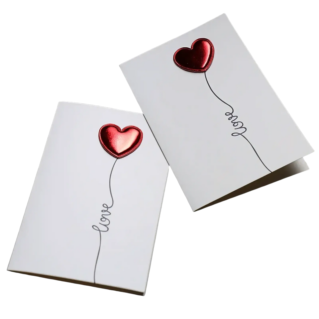 White greeting cards with shiny red heart-shaped balloons and cursive love text for valentine wedding invitations