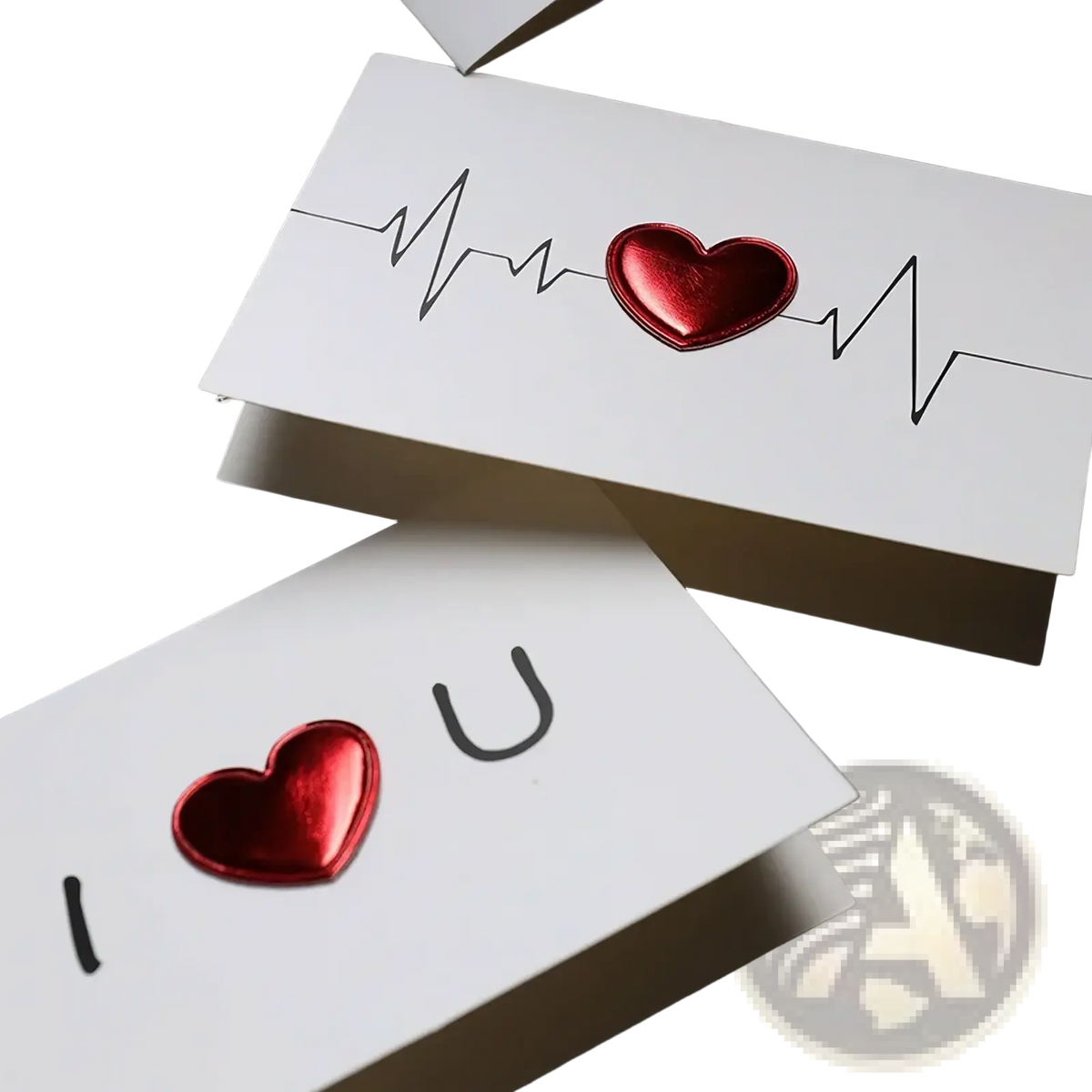 White greeting cards with shiny red heart embellishments and black heartbeat line designs for valentine wedding invitations