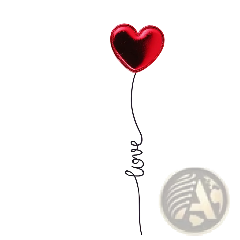 Red heart valentine greeting card featuring a shiny metallic balloon heart with a black love string design