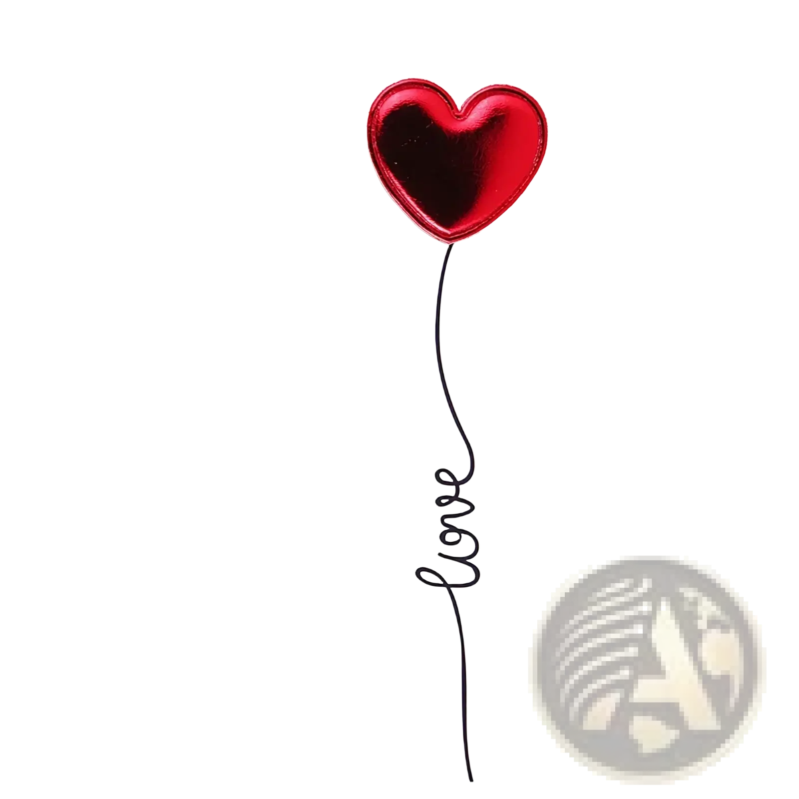 Red heart valentine greeting card featuring a shiny metallic balloon heart with a black love string design
