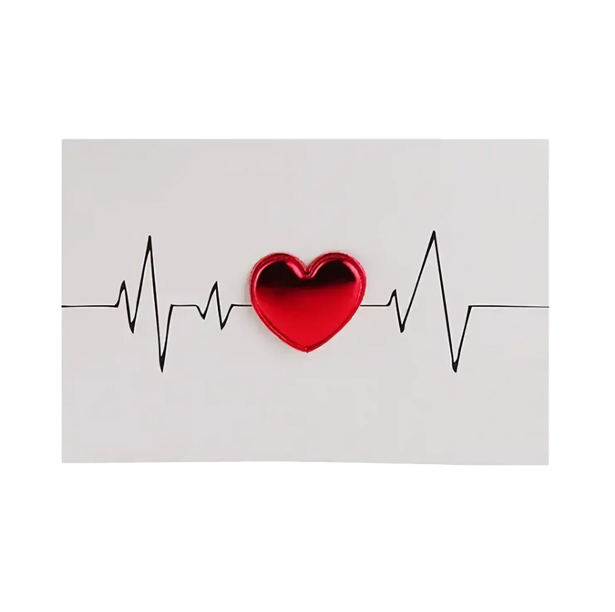 A shiny red heart shaped greeting card with a reflective surface on a black electrocardiogram line background