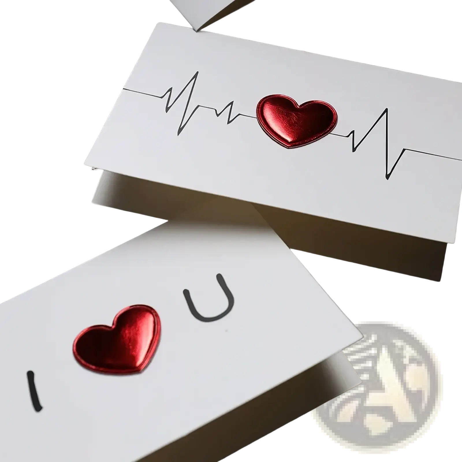 White greeting cards with shiny red heart embellishments and black heartbeat line designs for valentine weddings