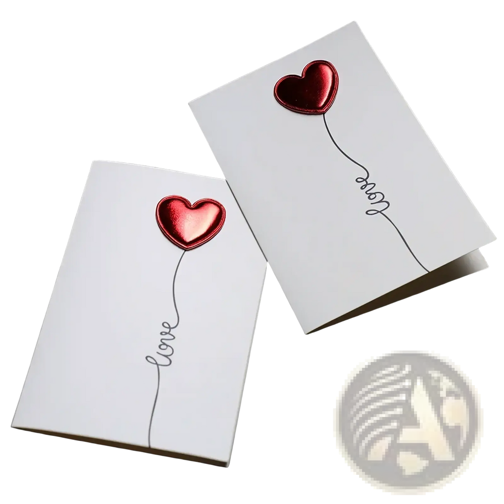 White greeting cards with shiny red heart-shaped balloons and love cursive script for valentine wedding invitations