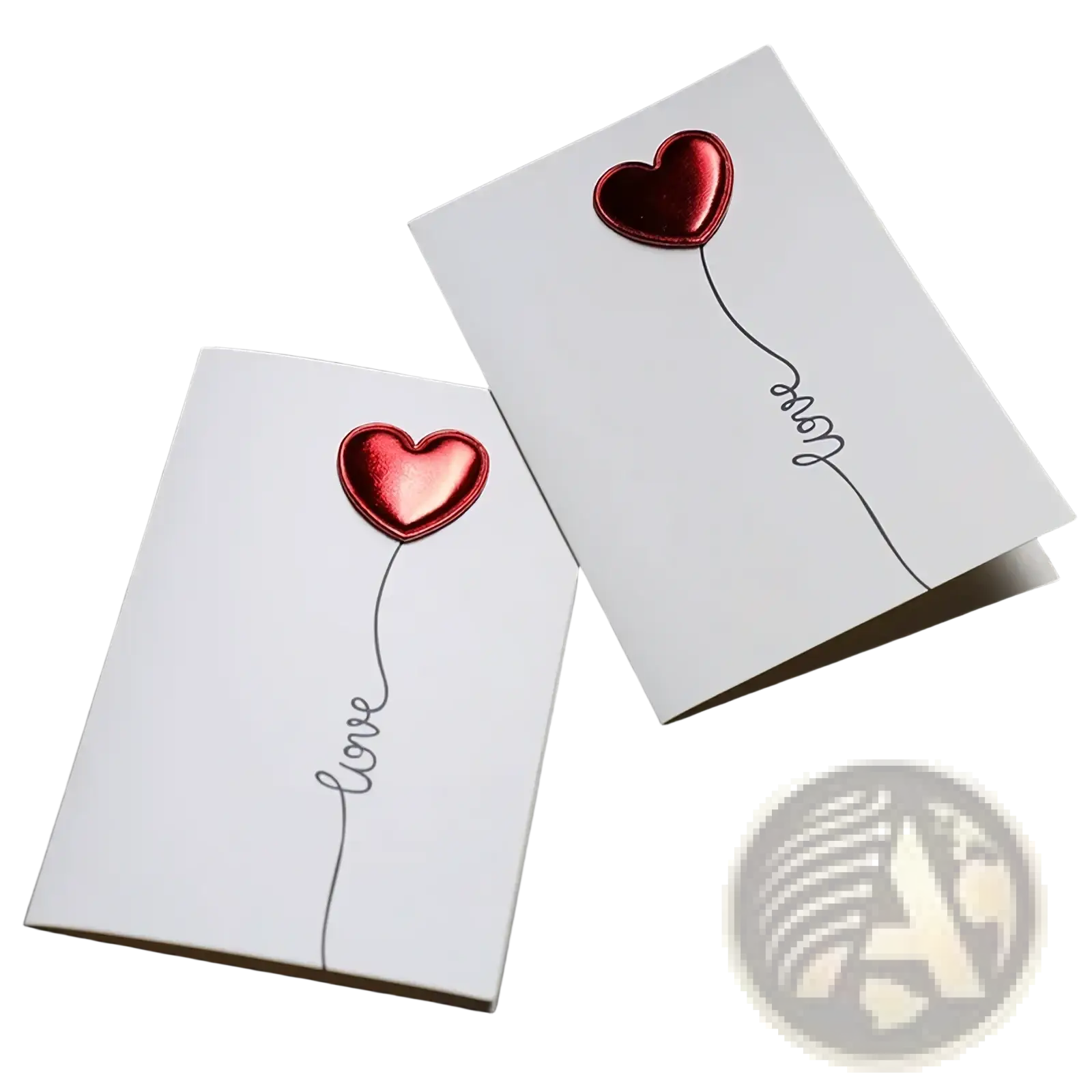 White greeting cards with shiny red heart-shaped balloons and love cursive script for valentine wedding invitations