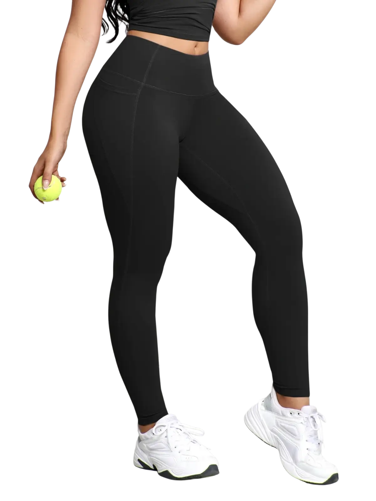 Black high-waisted workout leggings with smooth form-fitting stretch fabric and functional pockets