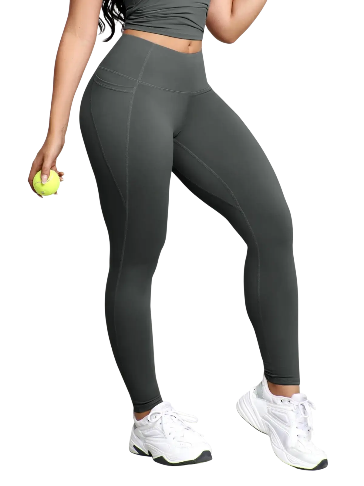 Dark gray high-waisted workout leggings with sleek form-fitting design and subtle side seam detailing