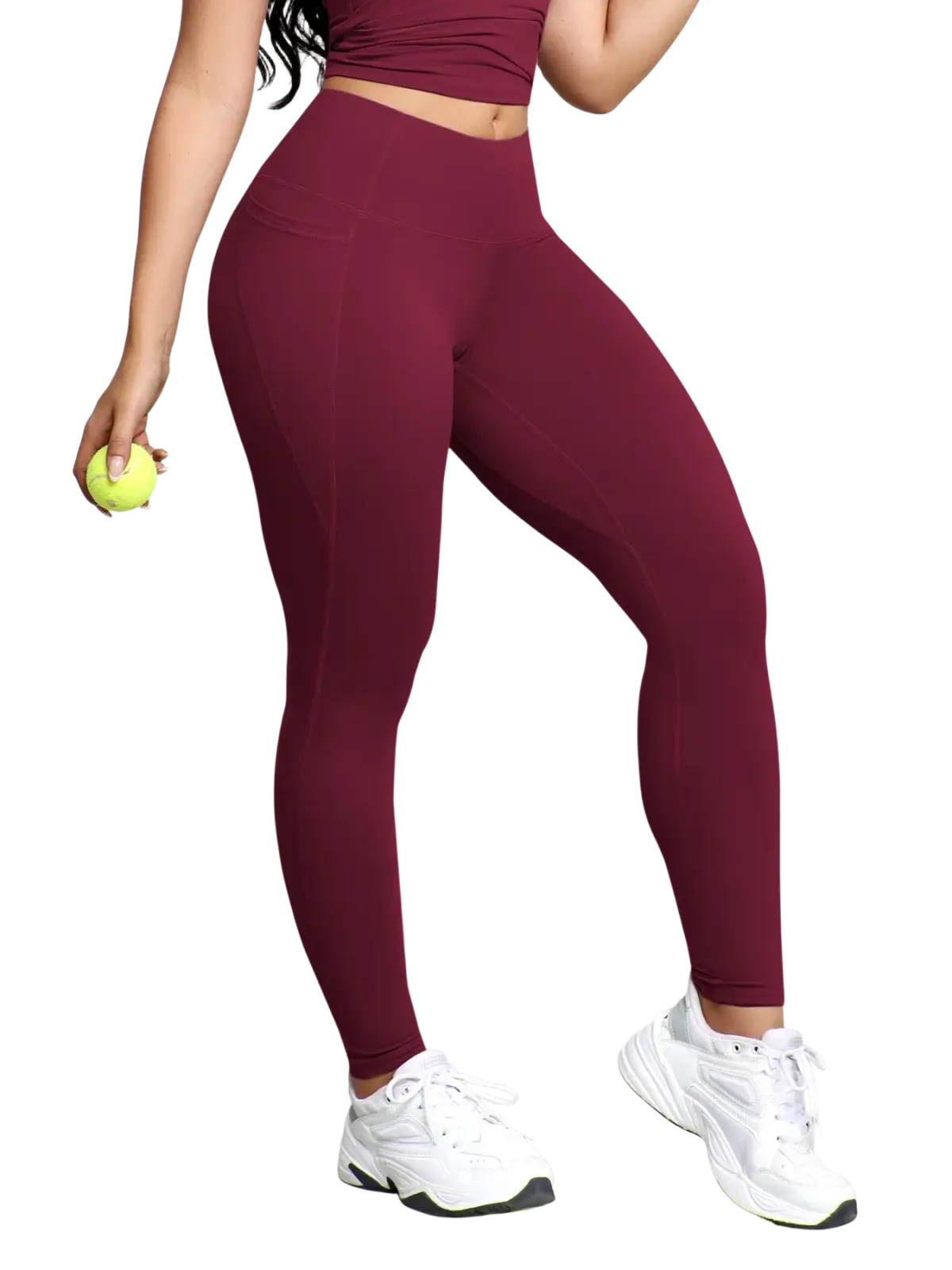 Maroon high waist pocket workout leggings with smooth stretchy fabric and seamless design for active wear
