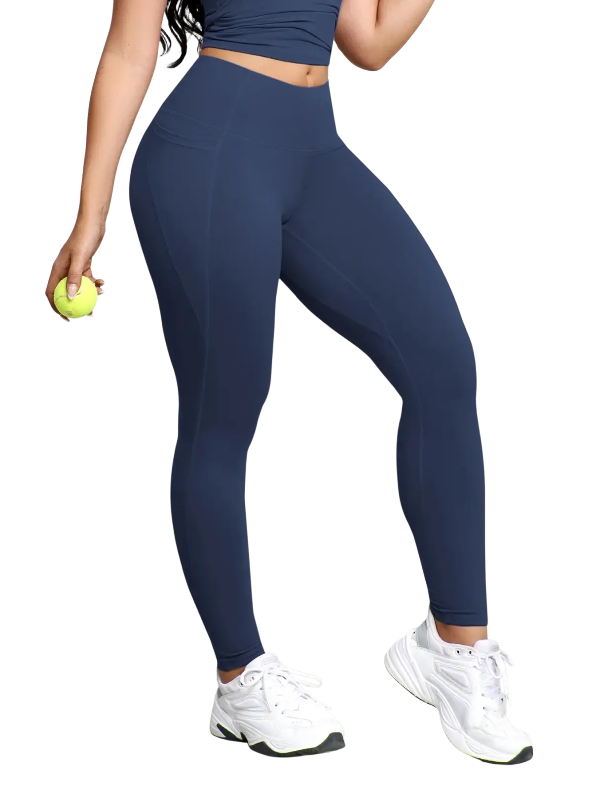 Navy blue high waist pocket workout leggings with smooth form fitting fabric and subtle side seam detailing