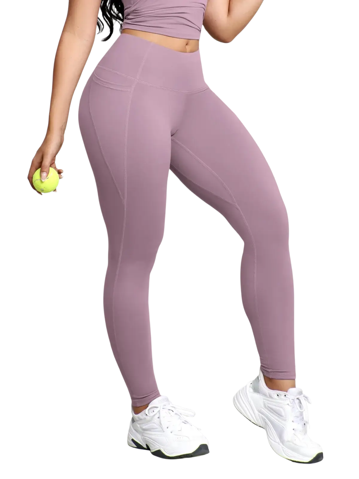 A pair of high-waisted lavender workout leggings with smooth stretchy fabric and subtle side seam detailing