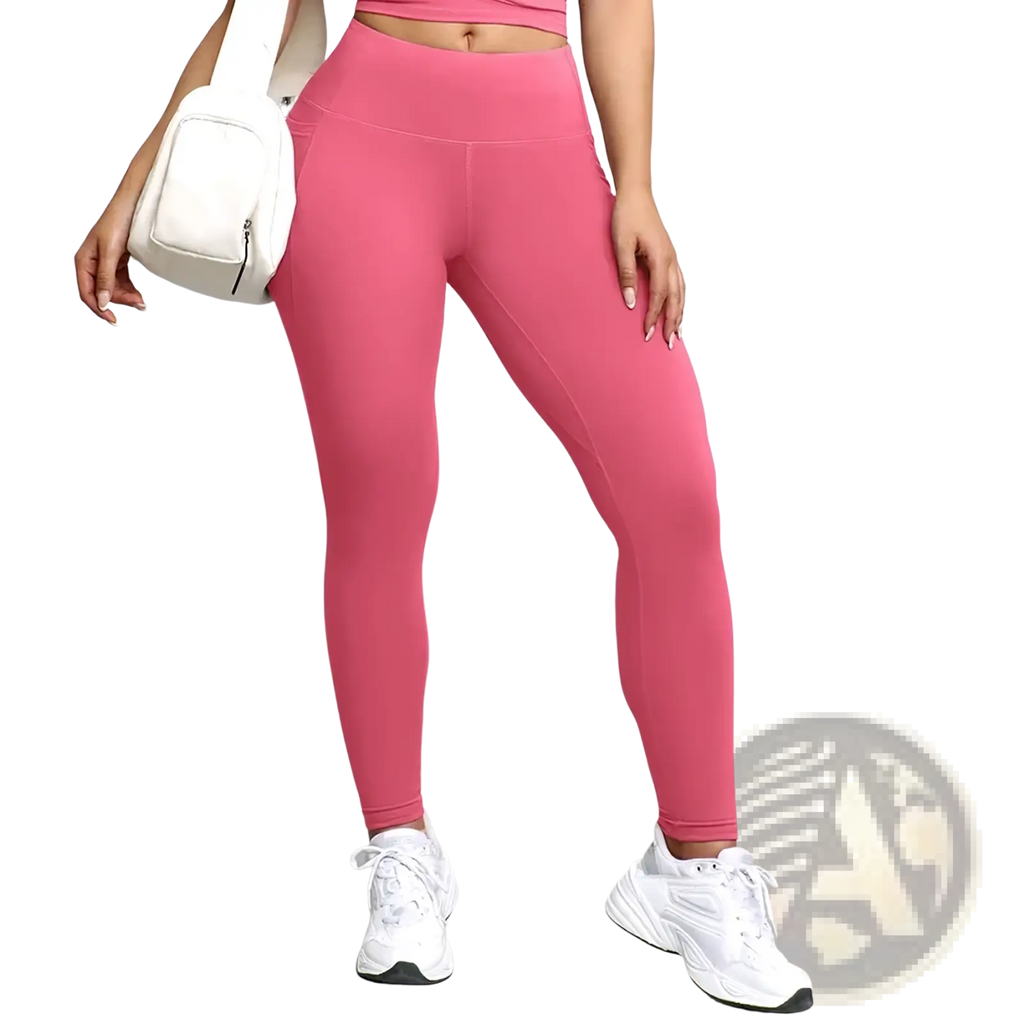 Pink high waist pocket workout leggings with smooth stretchy fabric and subtle seam detailing