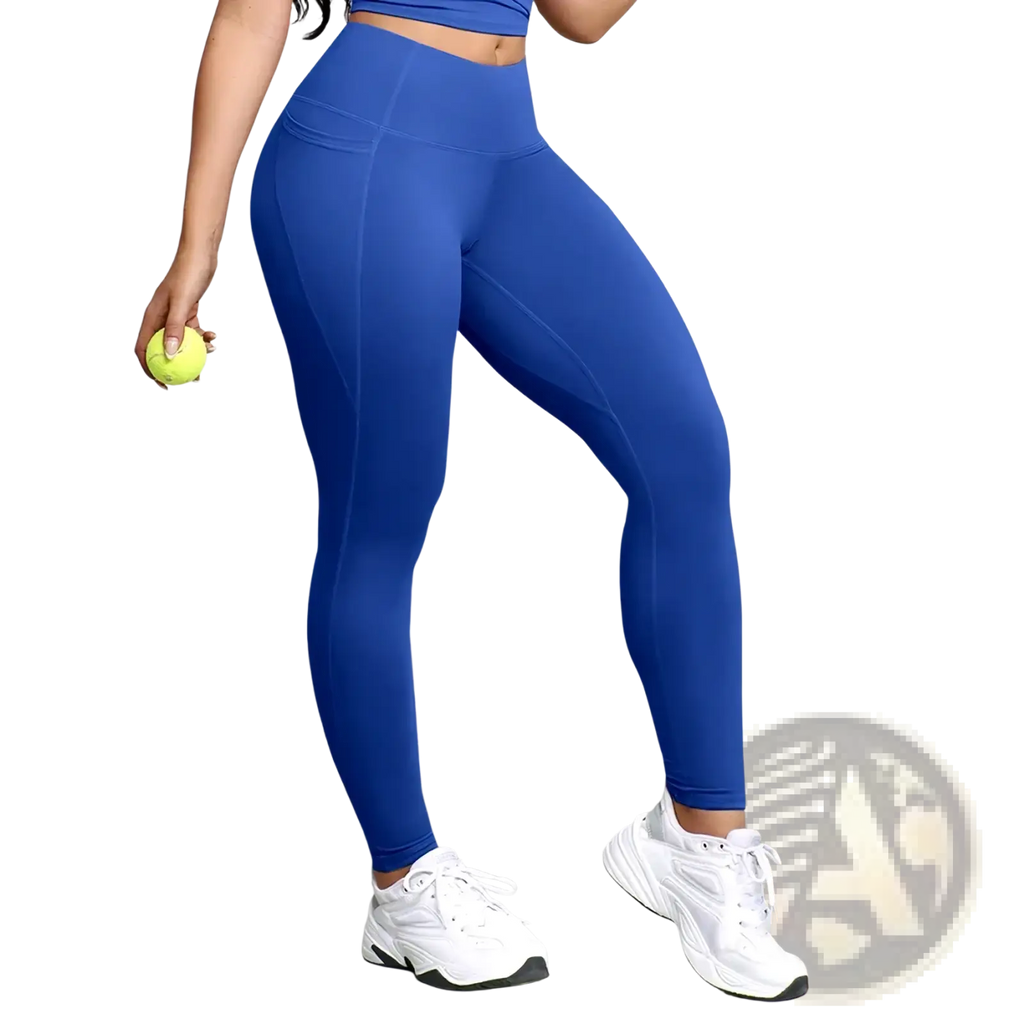 Royal blue high waist leggings with a sleek form-fitting design and subtle side seam detailing for workouts