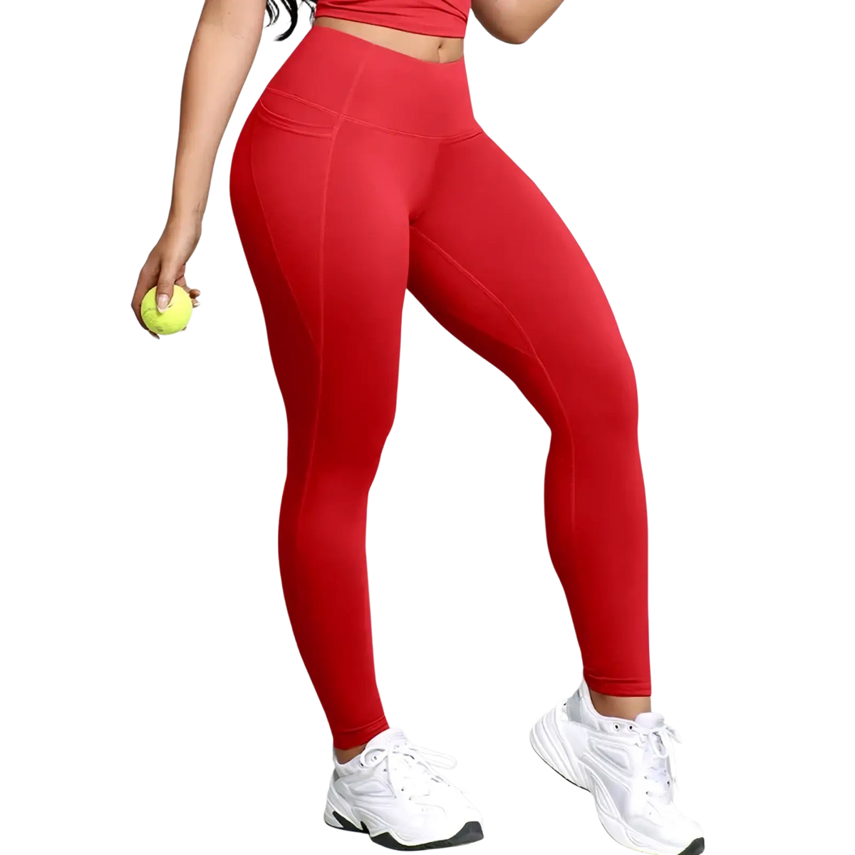 Red high waist pocket workout leggings with a sleek form-fitting design and subtle side seam detailing