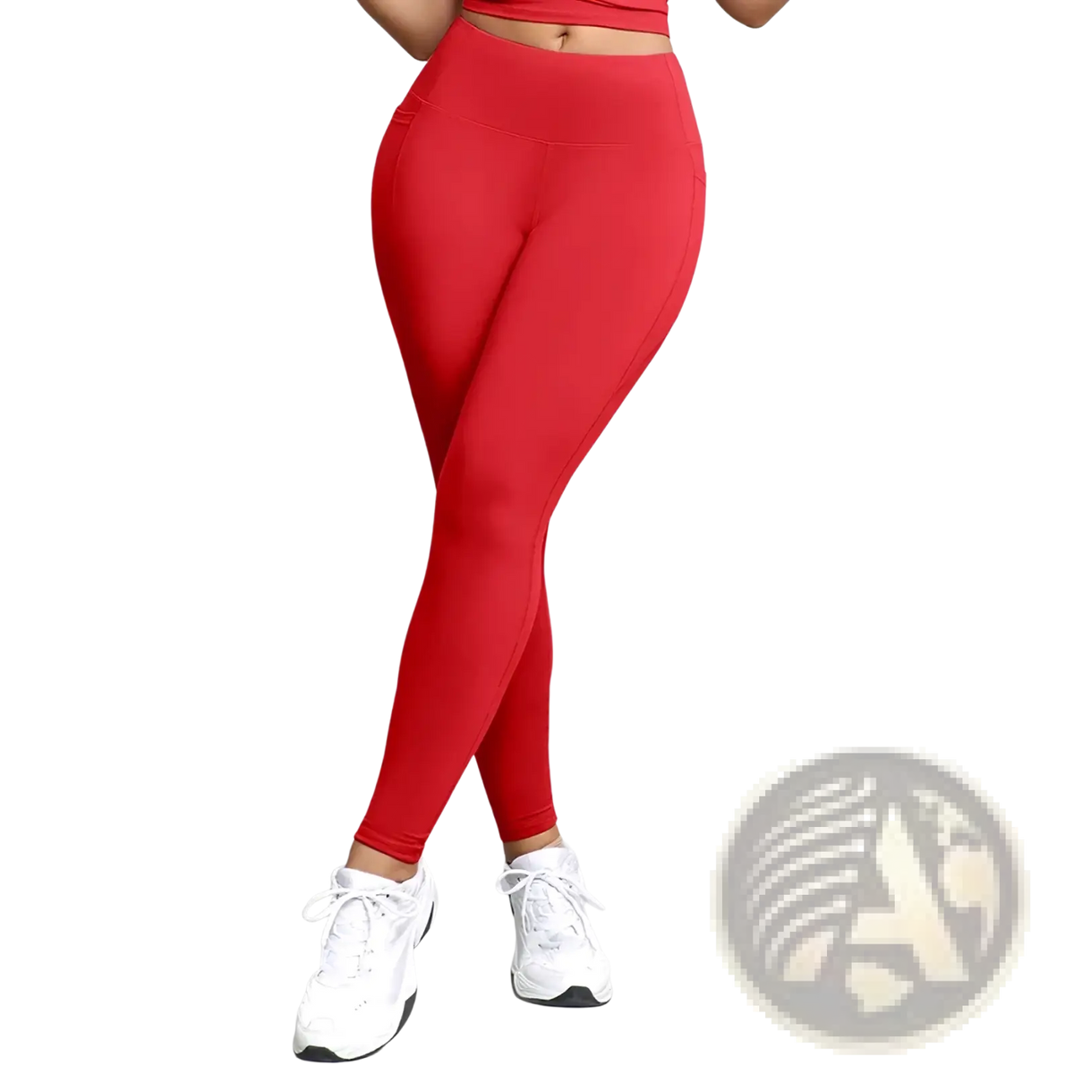 Red high waist pocket workout leggings made of stretchy form-fitting fabric designed for athletic use