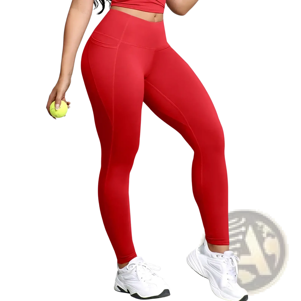 Red high waist pocket workout leggings with a sleek form-fitting design and subtle side seam detailing