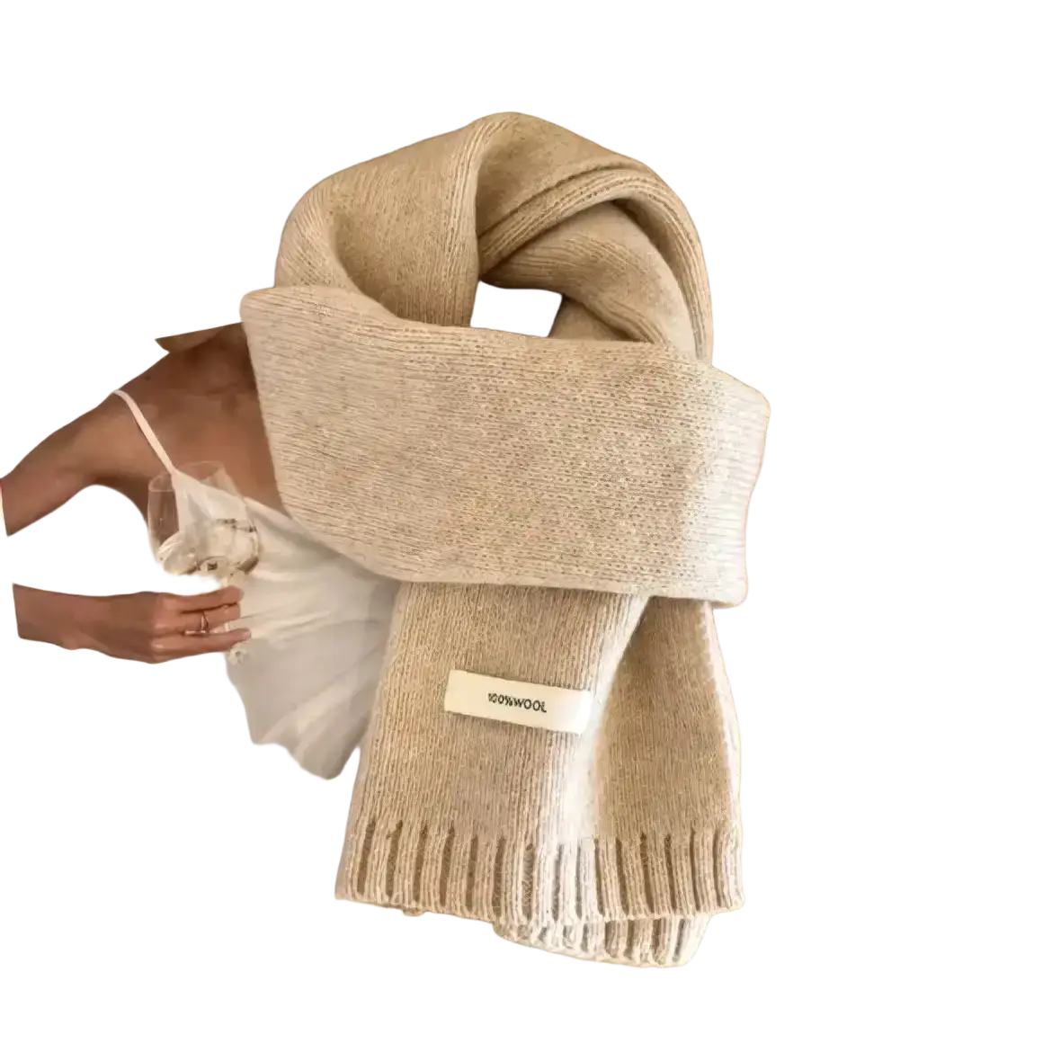 Beige knitted winter scarf with ribbed texture and 100 percent wool label for men and women use