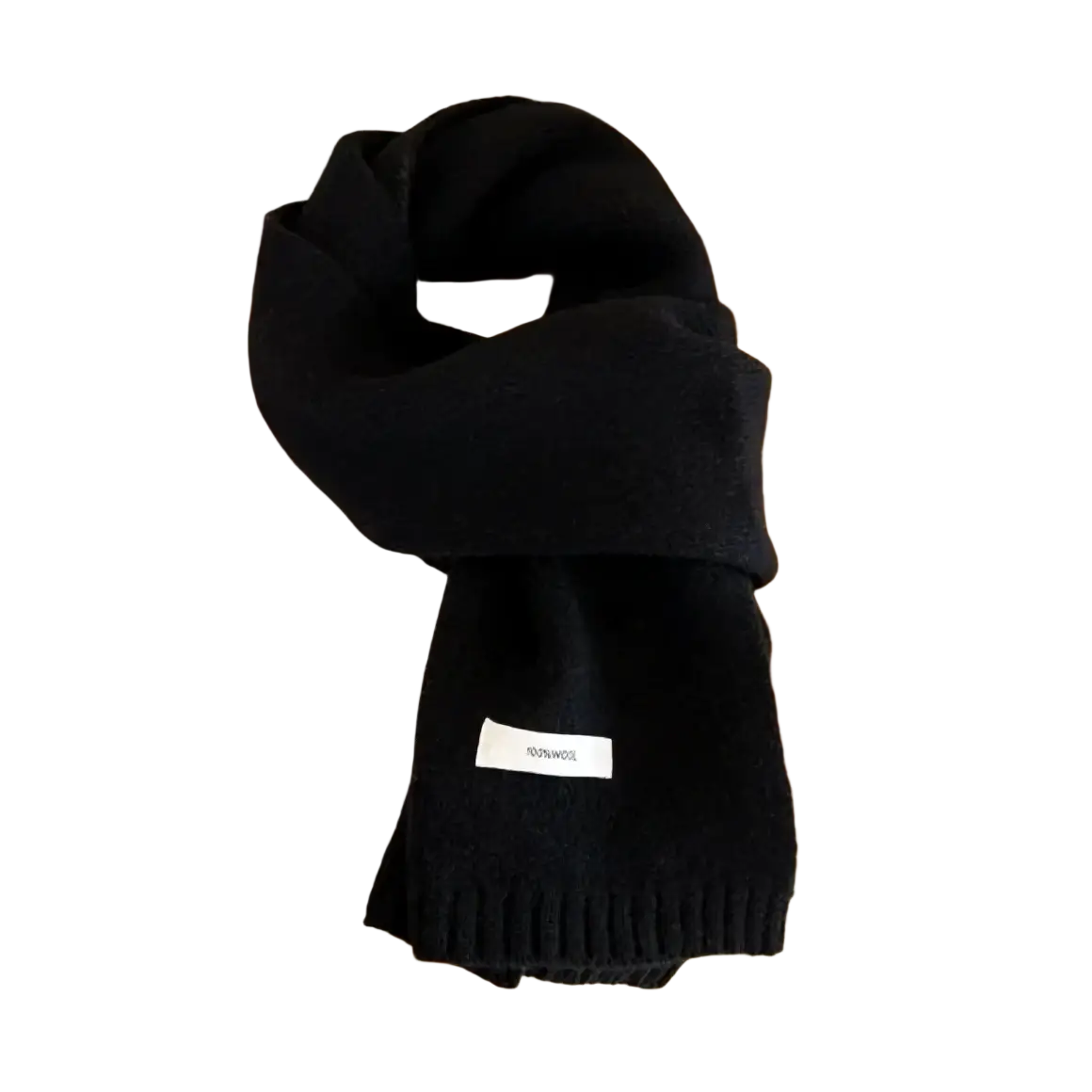Black knitted winter scarf for men and women with ribbed edge and small white label