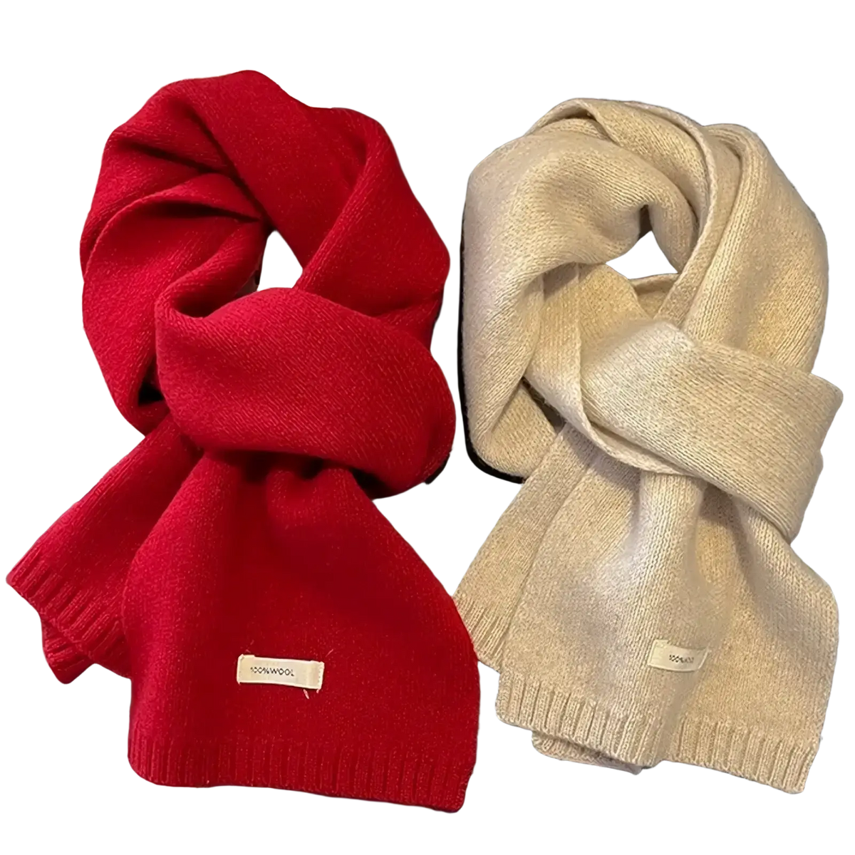 A cozy knitted winter scarf for men and women in vibrant red and soft cream 100 percent wool with ribbed edges
