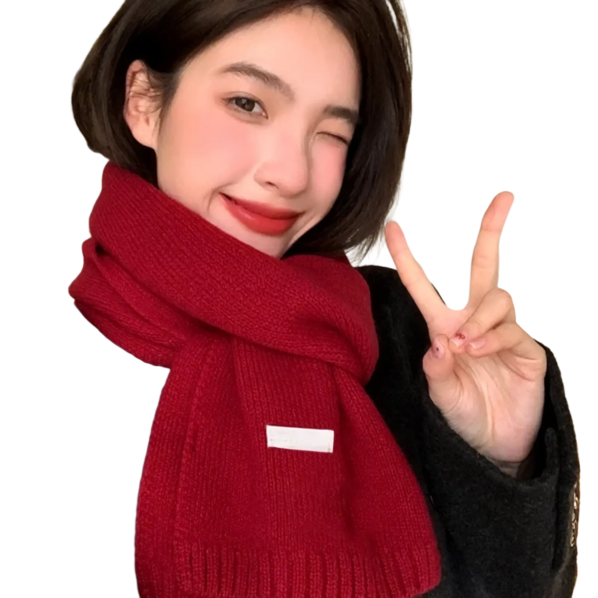 A cozy deep red knitted winter scarf for men and women with a subtle white rectangular patch on the front