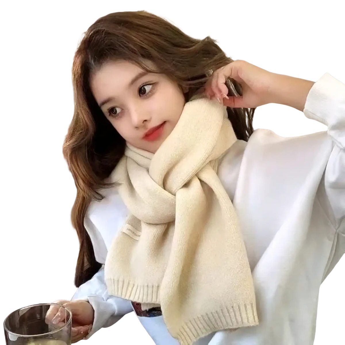 Cream-colored knitted scarf with ribbed edges designed as a red knitted winter scarf for men and women