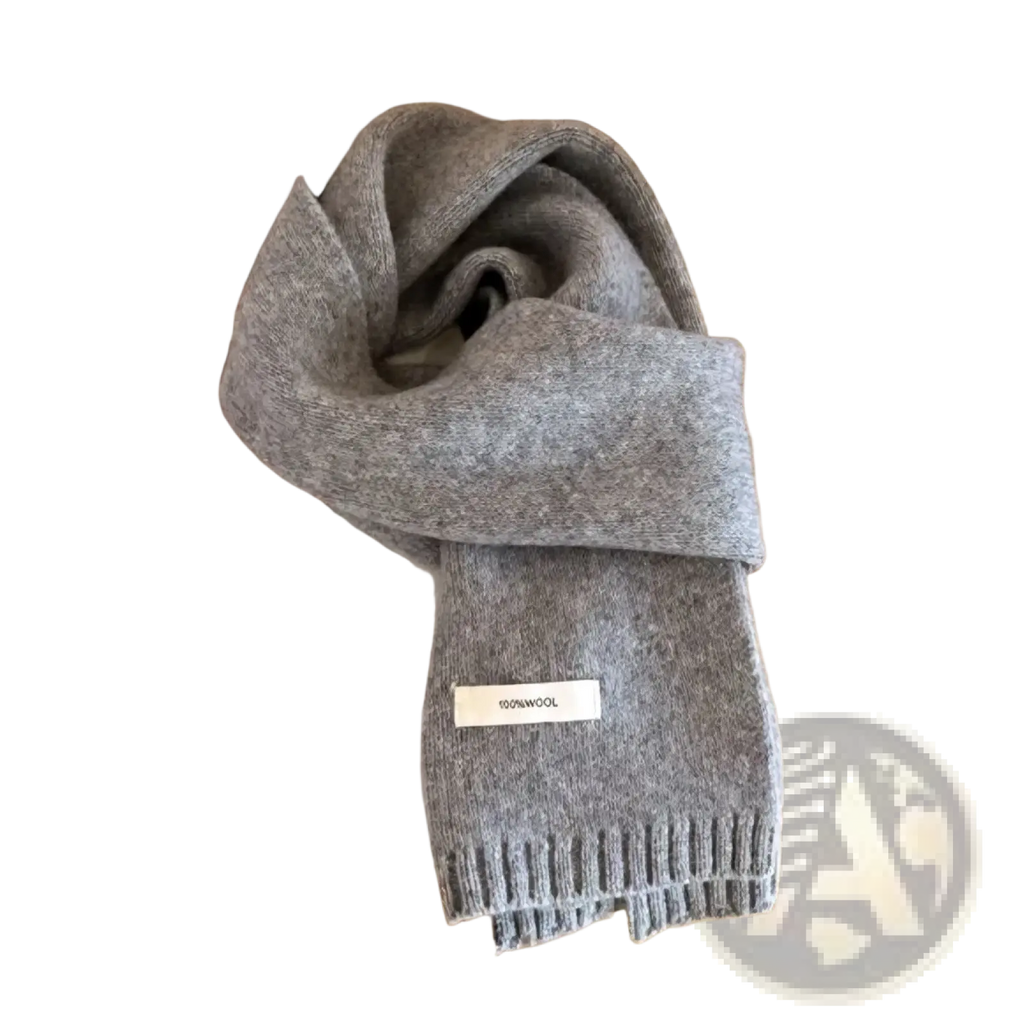 Red knitted winter scarf for men and women in soft heather gray with ribbed edge made of 100 percent wool