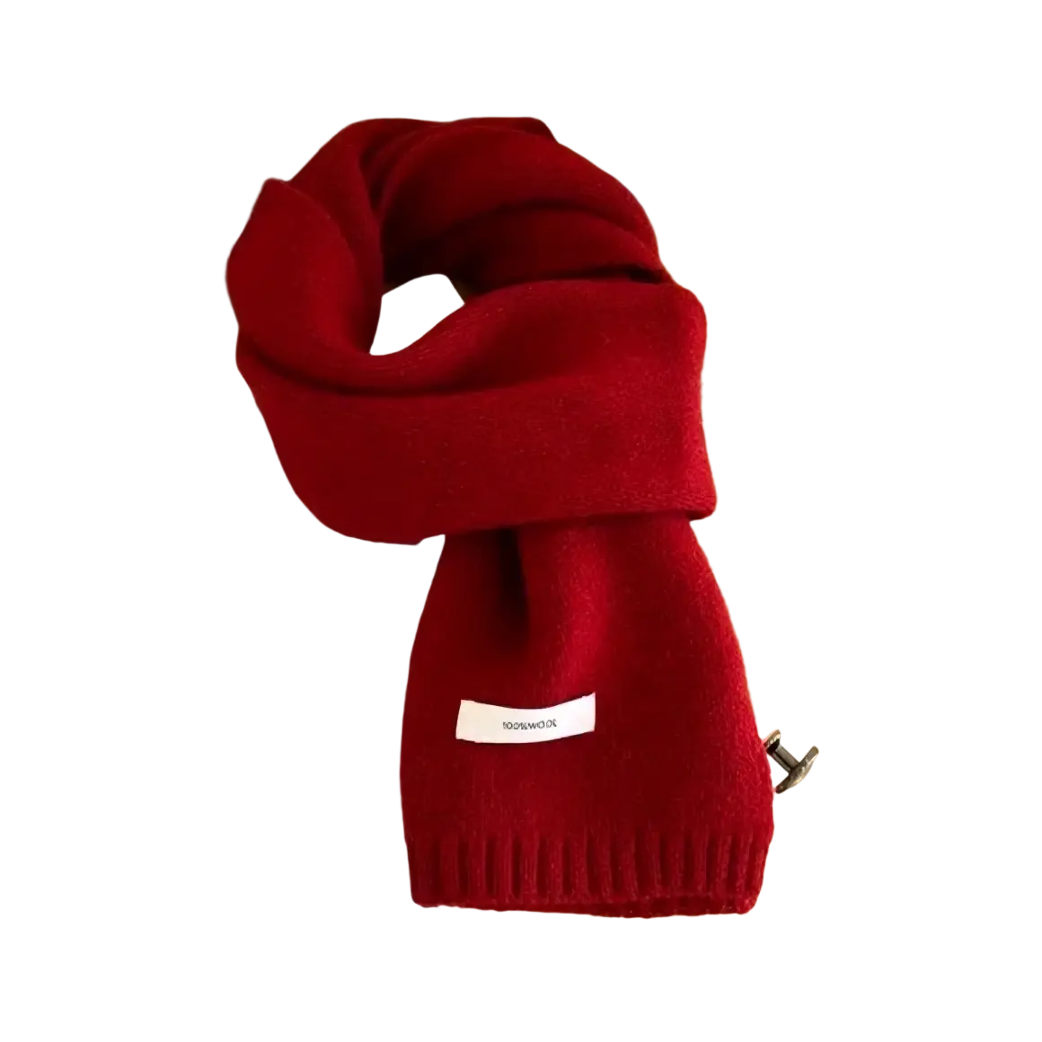 Red knitted winter scarf for men and women with rich red ribbed texture and small white label at one end