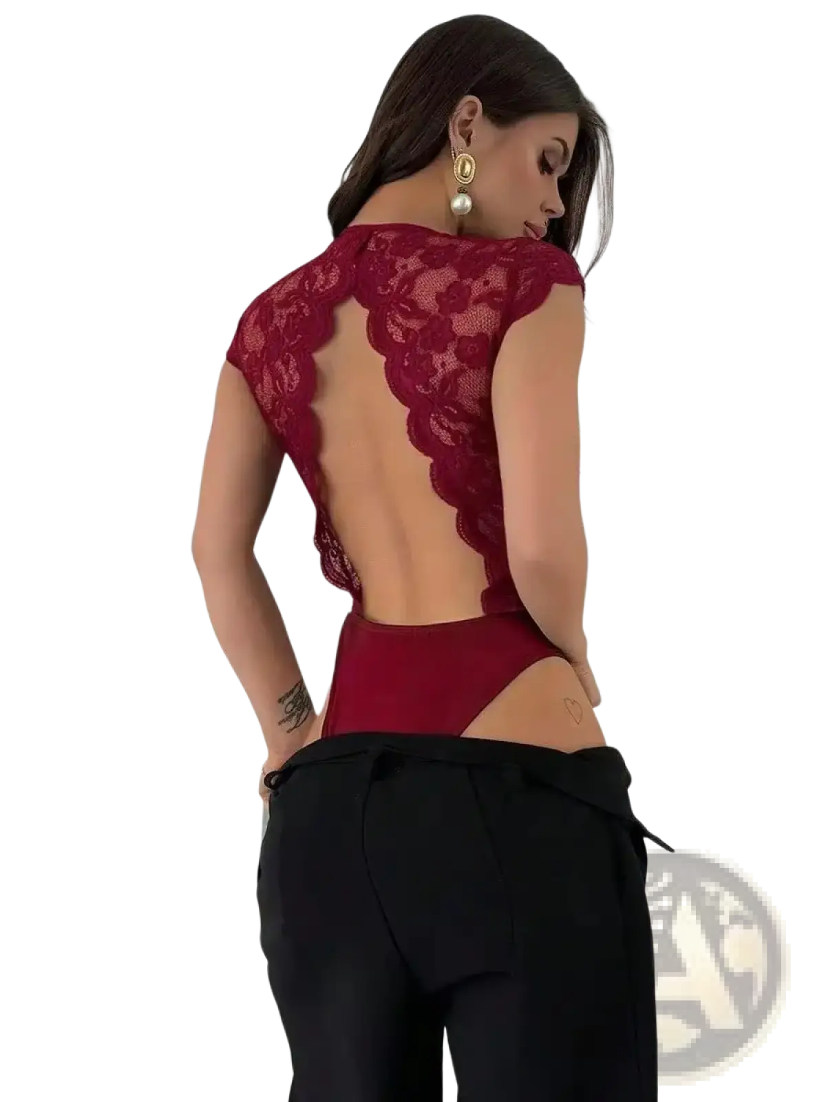A deep red lace v-neck bodysuit with a scalloped back and cutout design shown from the back side