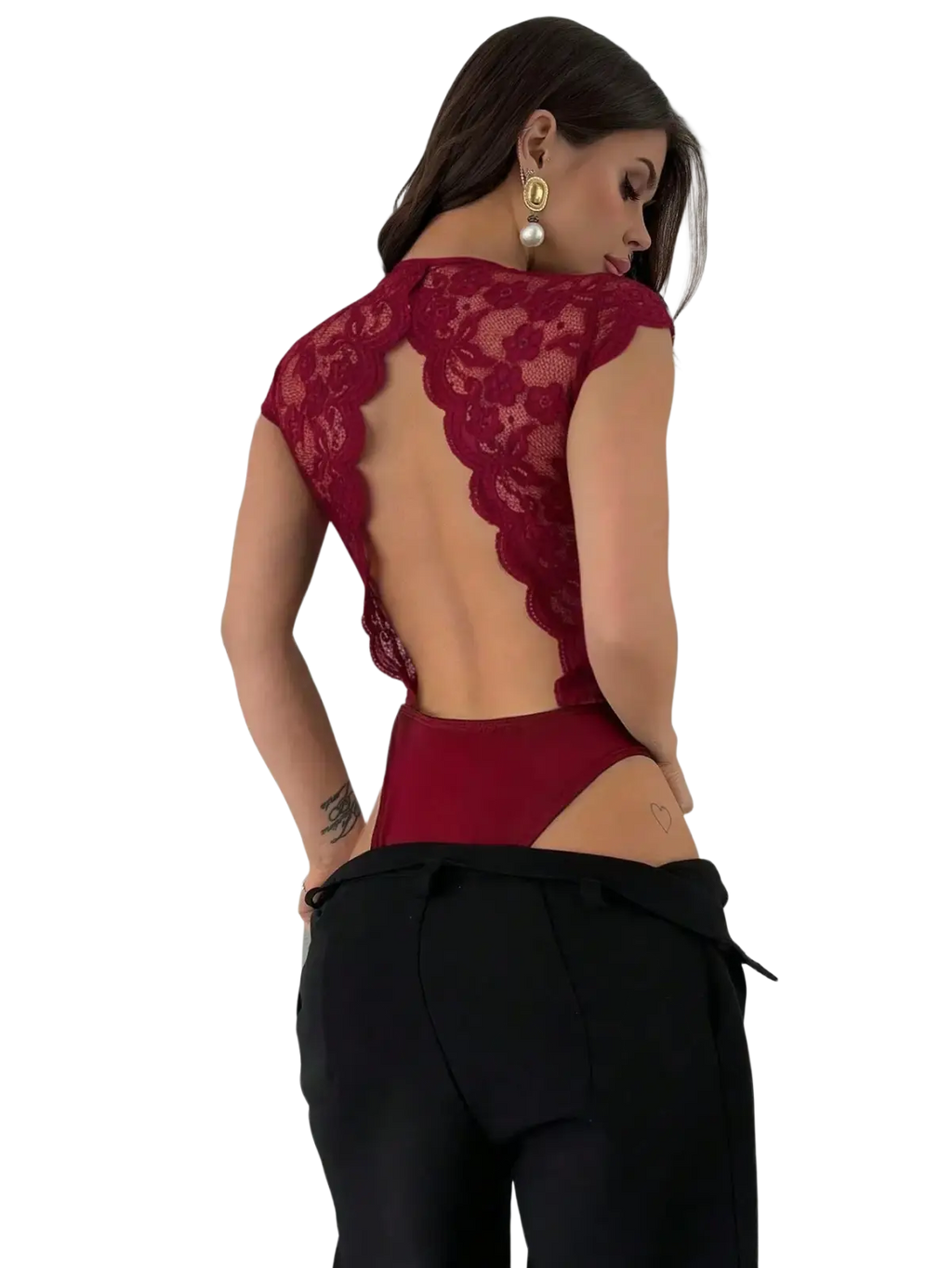 Red lace v-neck bodysuit in burgundy lace with scalloped back and short sleeves shown from the back side