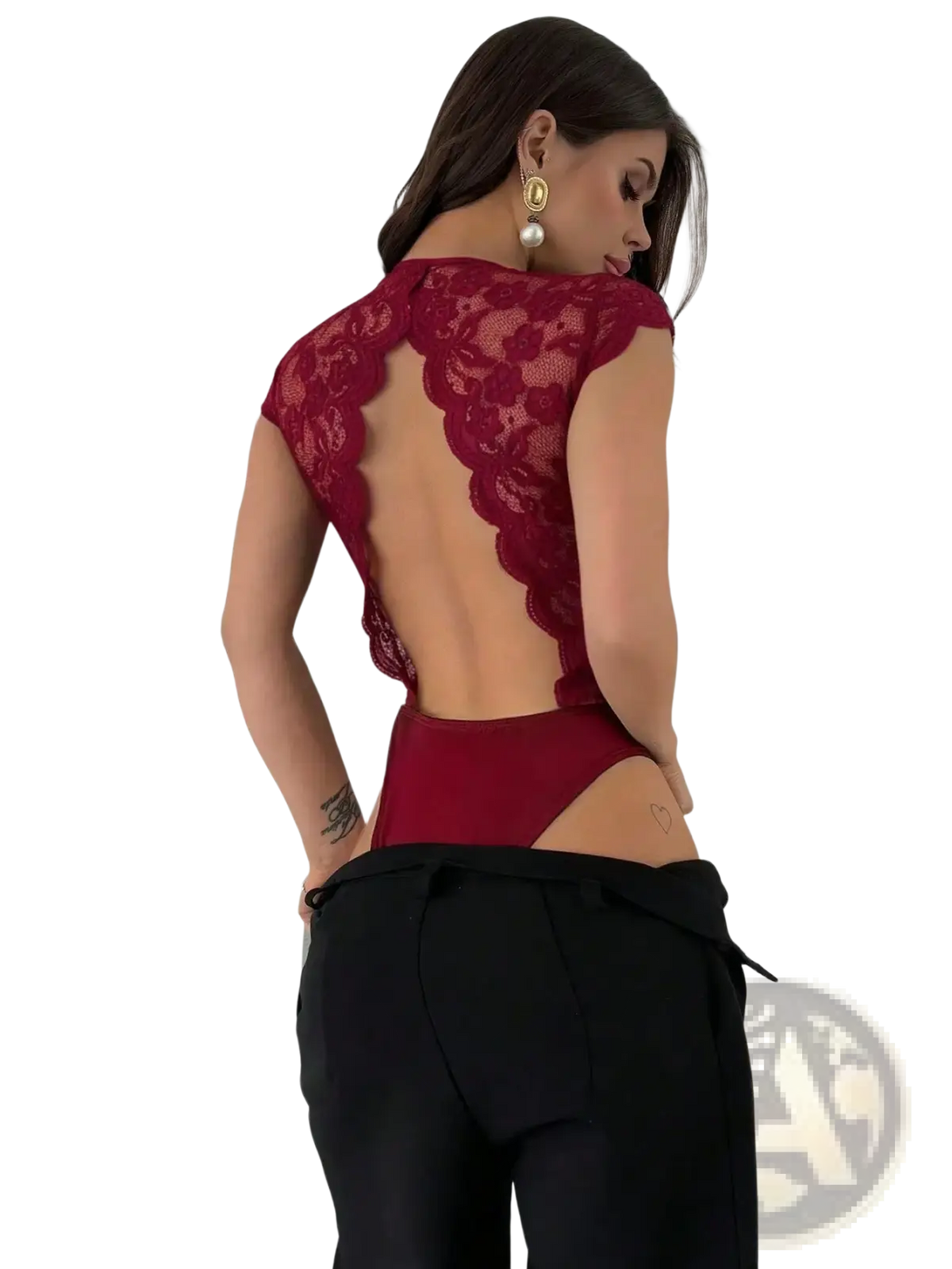 Red lace v-neck bodysuit in burgundy lace with scalloped back and short sleeves shown from the back side