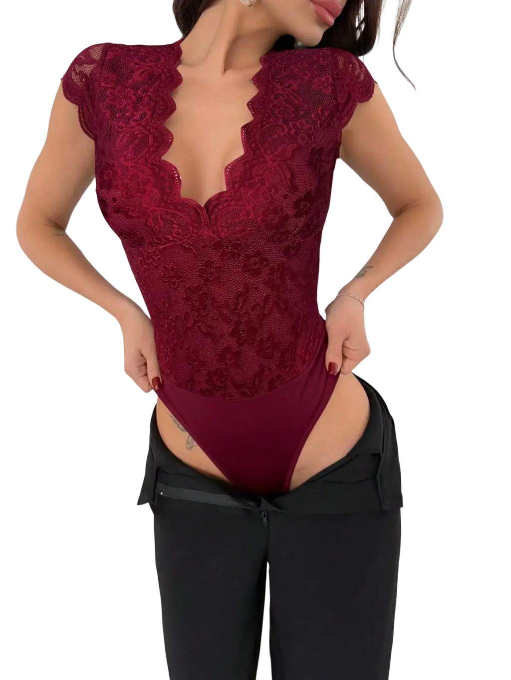 A deep red lace V-neck bodysuit with scalloped neckline and cap sleeves, elegant and feminine design