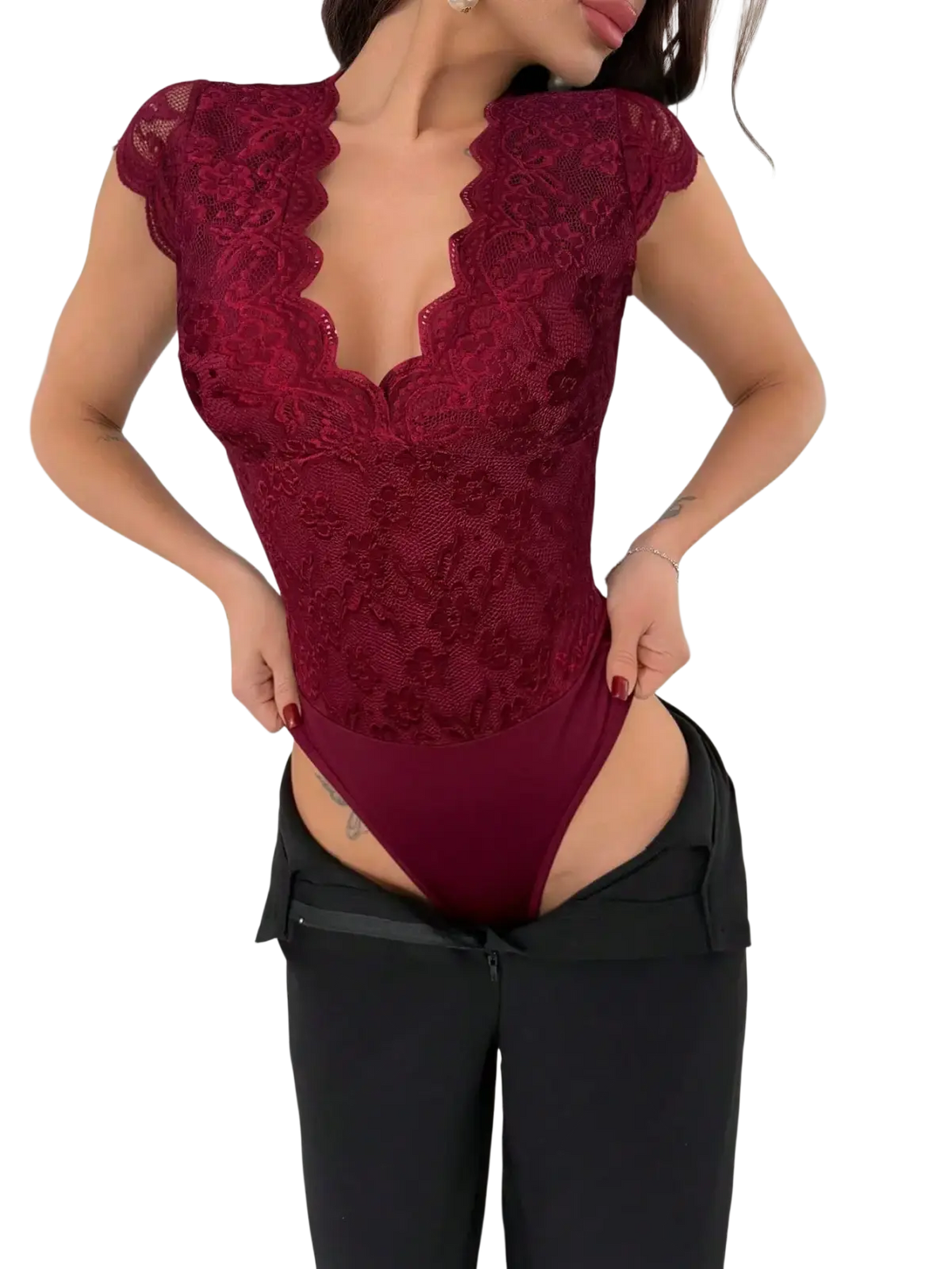 A deep red lace V-neck bodysuit with scalloped neckline and cap sleeves, elegant and feminine design