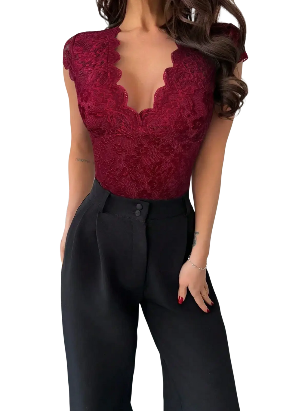 Red lace v-neck bodysuit in deep red with scalloped neckline and short sleeves made of lace material