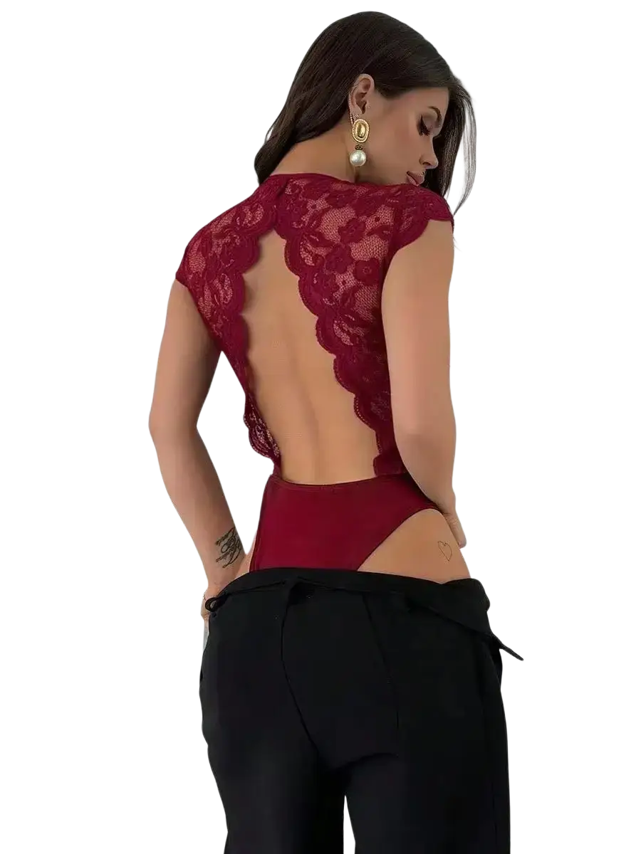 A deep red lace v-neck bodysuit with a scalloped back and cutout design shown from the back side