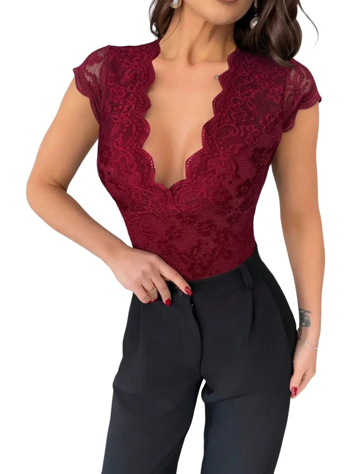 A deep red lace v-neck bodysuit with a plunging neckline and short flutter sleeves for elegant wear