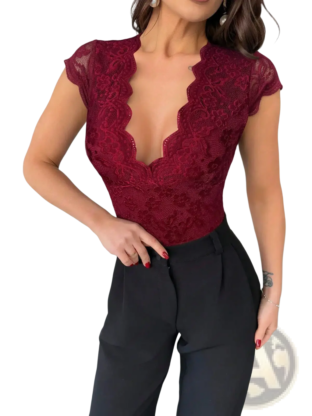 A deep red lace v-neck bodysuit with a plunging neckline and short flutter sleeves for elegant wear