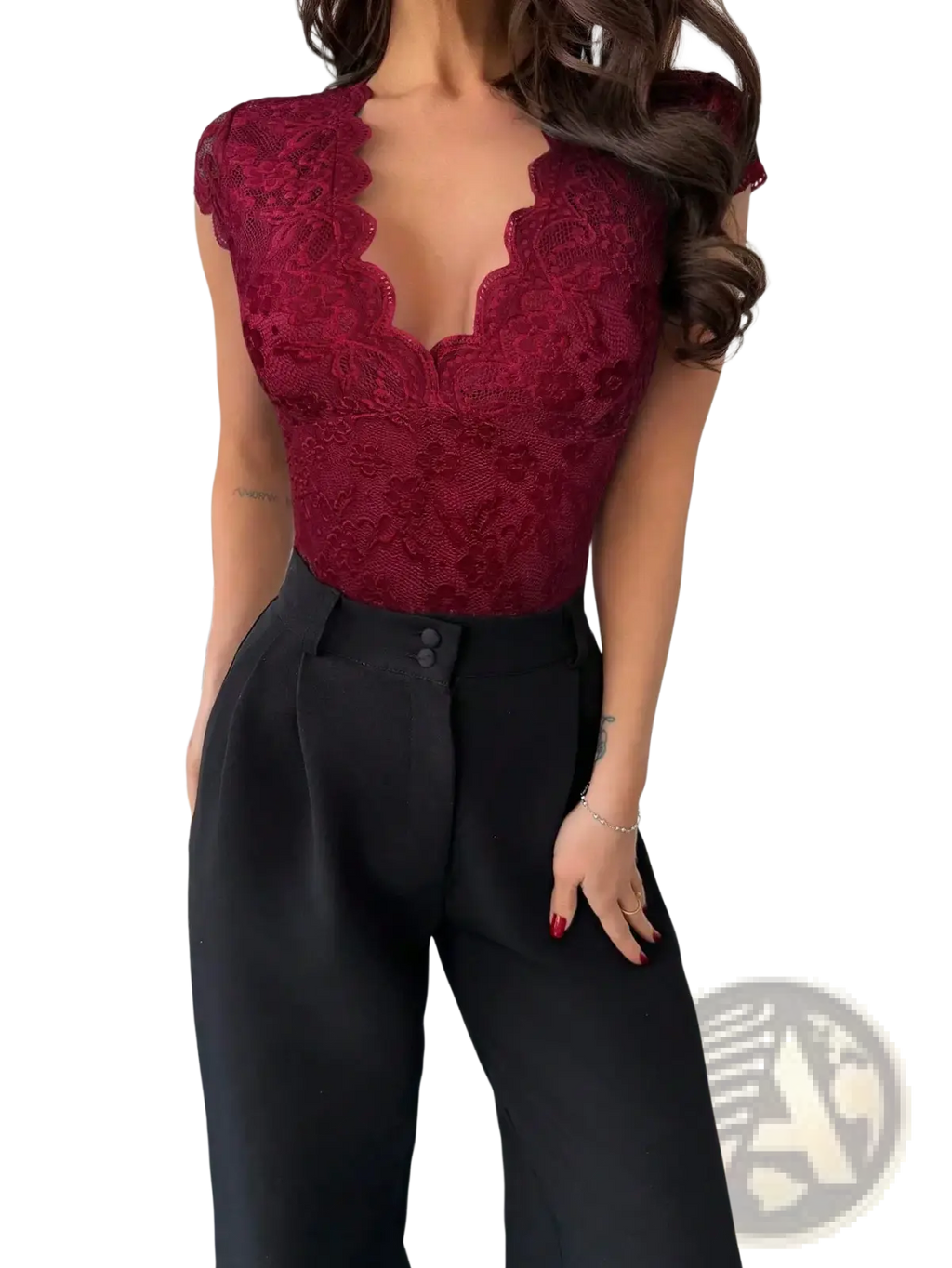 Red lace v-neck bodysuit in deep red with scalloped neckline and short sleeves made of lace material