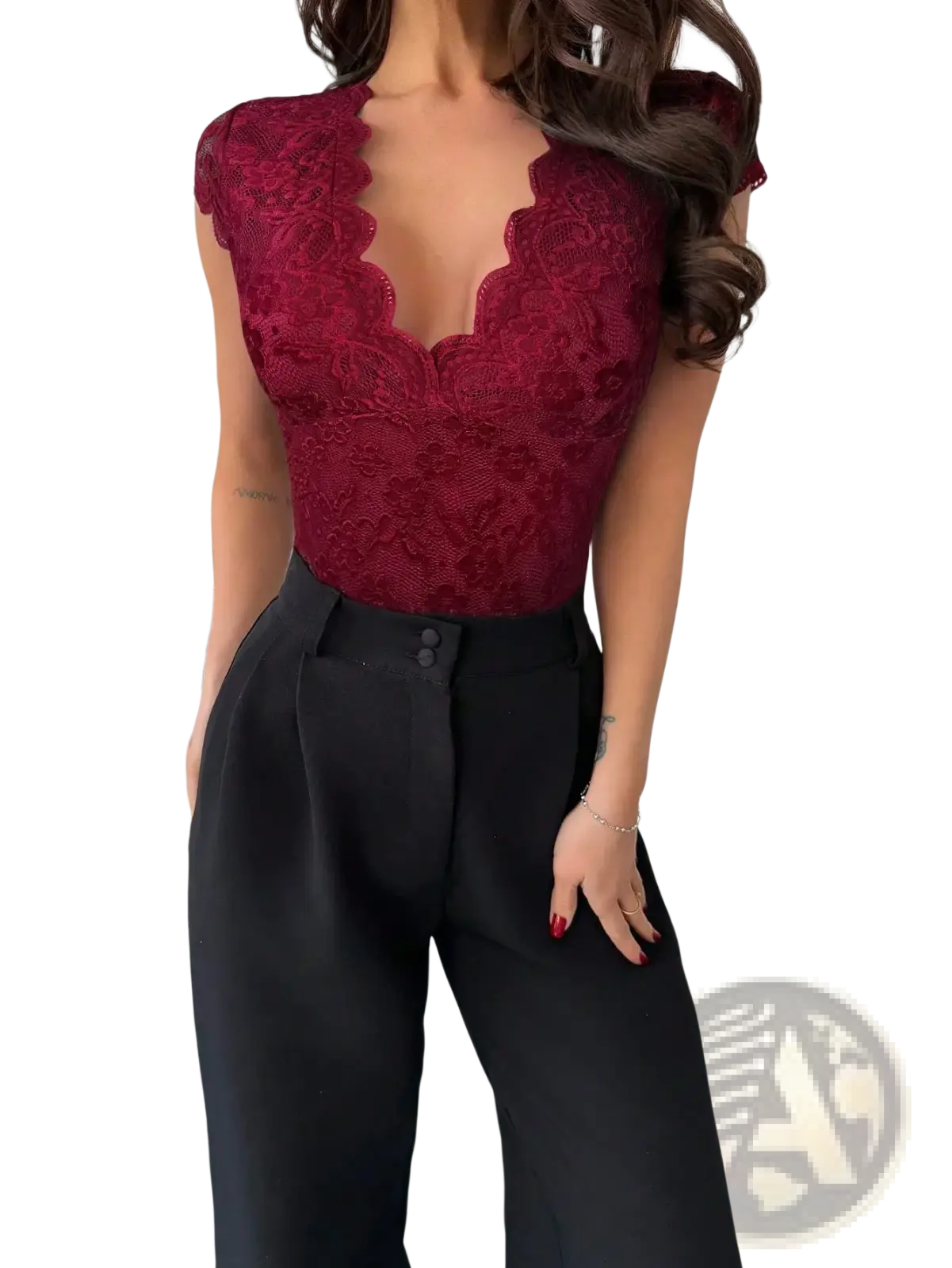 Red lace v-neck bodysuit in deep red with scalloped neckline and short sleeves made of lace material