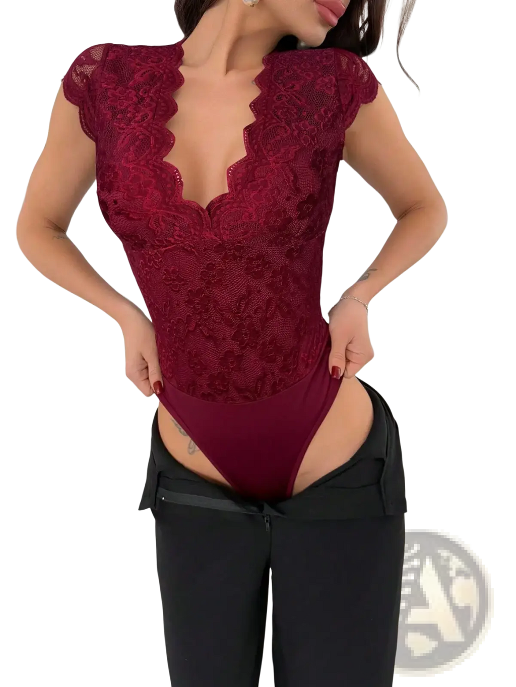 A deep red lace V-neck bodysuit with scalloped neckline and cap sleeves, elegant and feminine design
