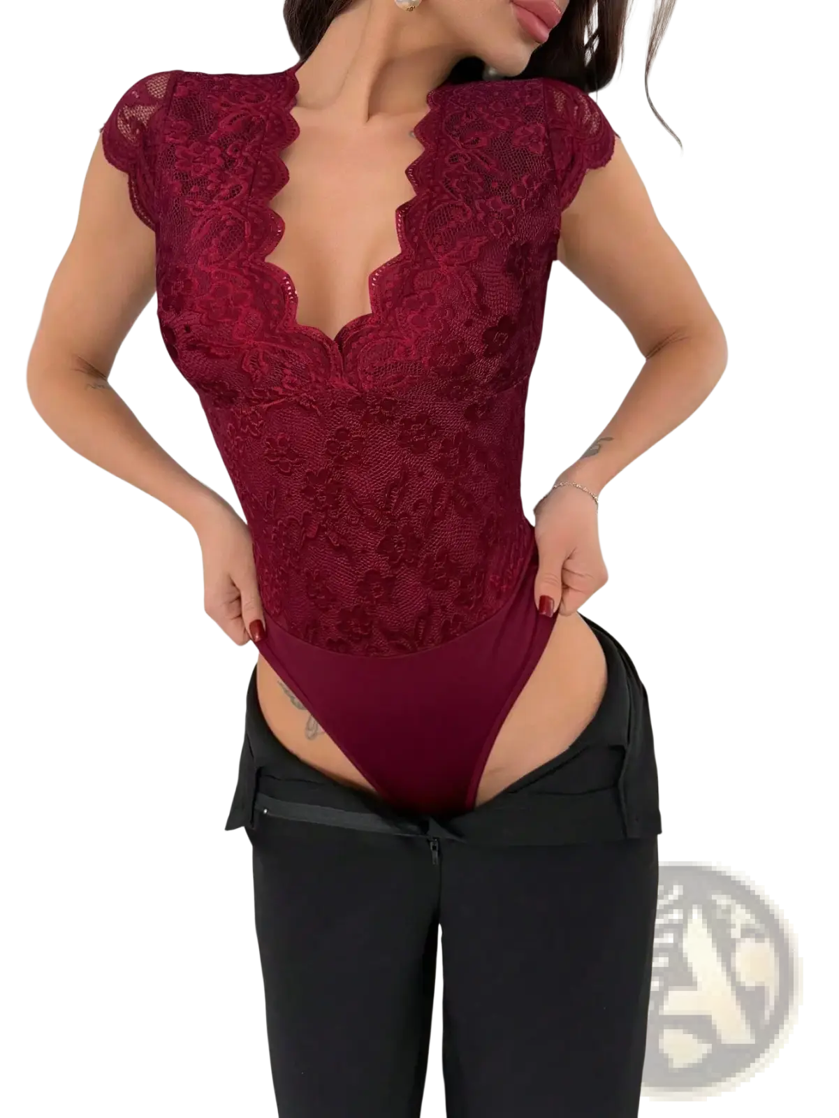 A deep red lace V-neck bodysuit with scalloped neckline and cap sleeves, elegant and feminine design