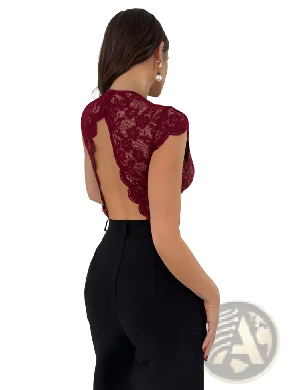 Red lace v-neck bodysuit in maroon featuring a delicate floral lace pattern and an open back design shown from the back