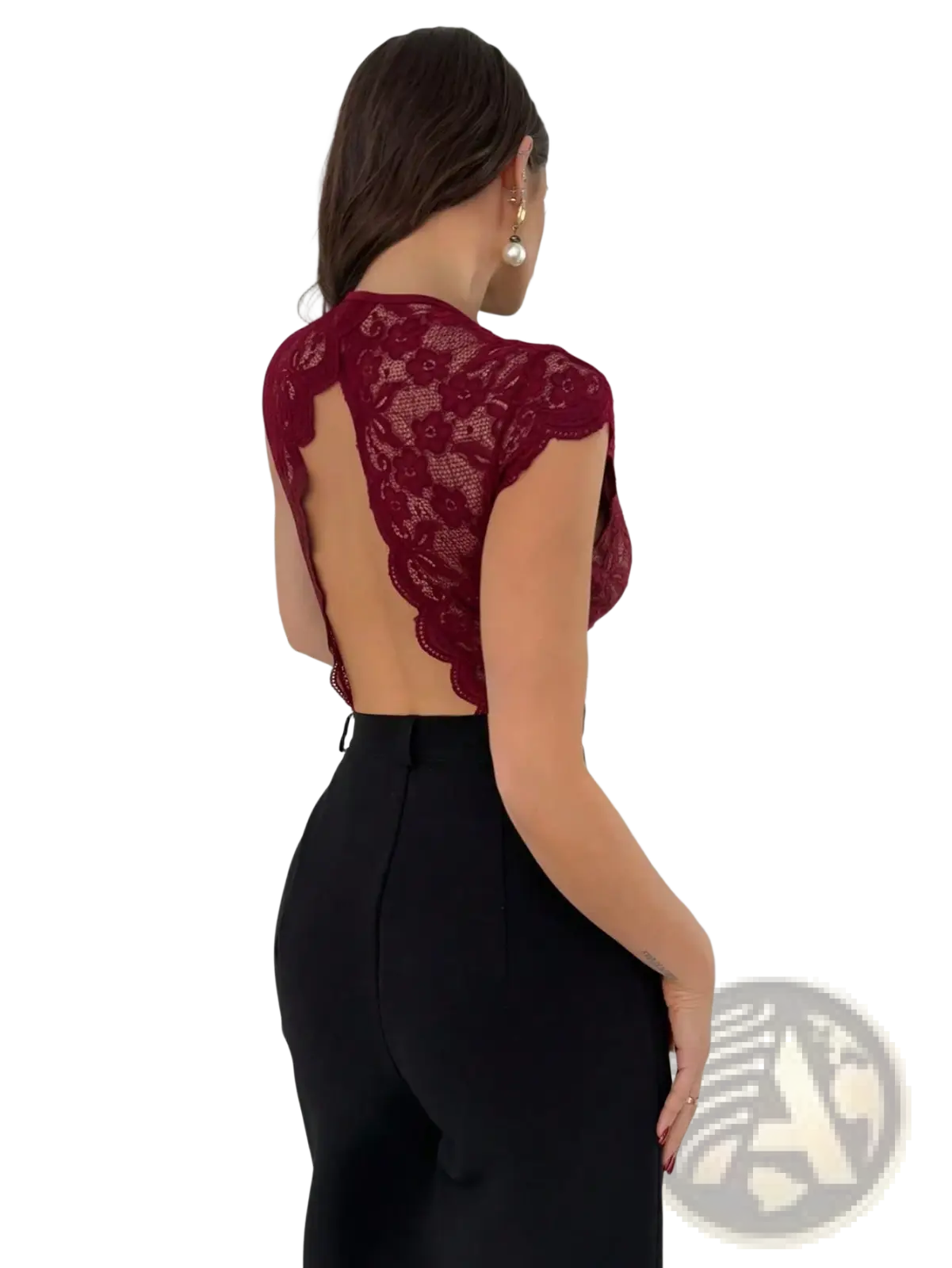 Red lace v-neck bodysuit in maroon featuring a delicate floral lace pattern and an open back design shown from the back