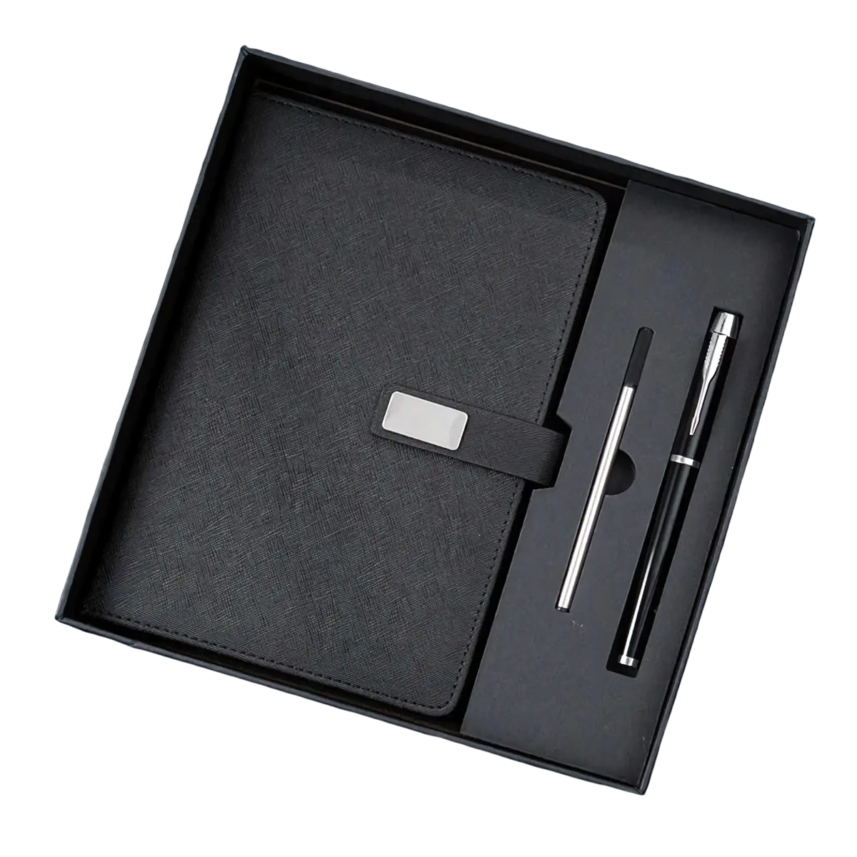 Black textured notebook with silver clasp in a sleek gift box with pen and refills from red leather corporate gift set