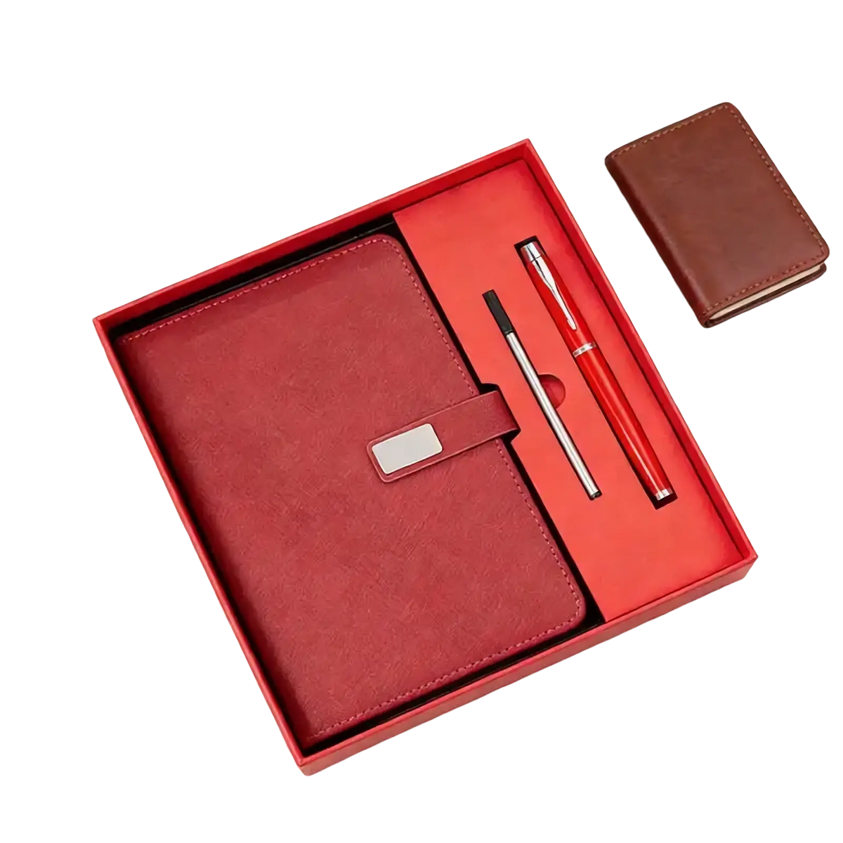 Red leather corporate gift notebook with silver clasp and stitched edges in a matching gift box with fountain pen