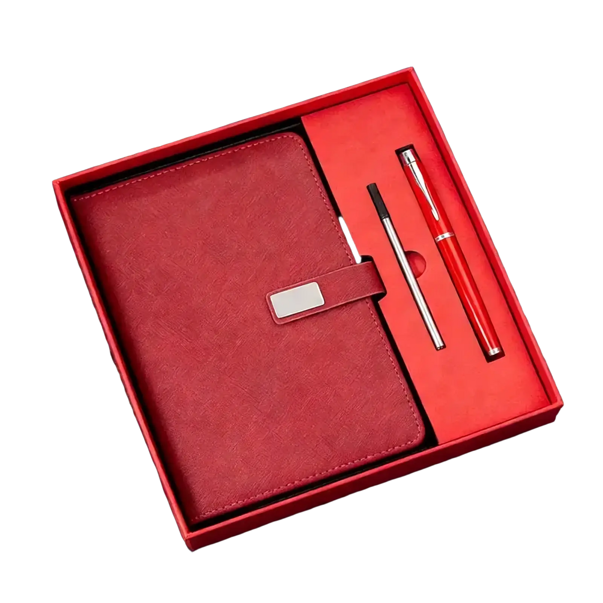 Red leather corporate gift notebook and pen set with silver clasp and matching red pen in a gift box