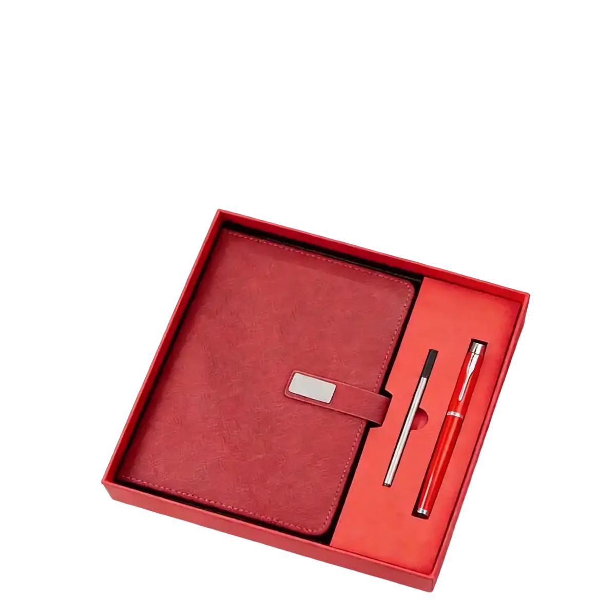 Red leather corporate gift notebook with silver clasp in matching gift box alongside two pens