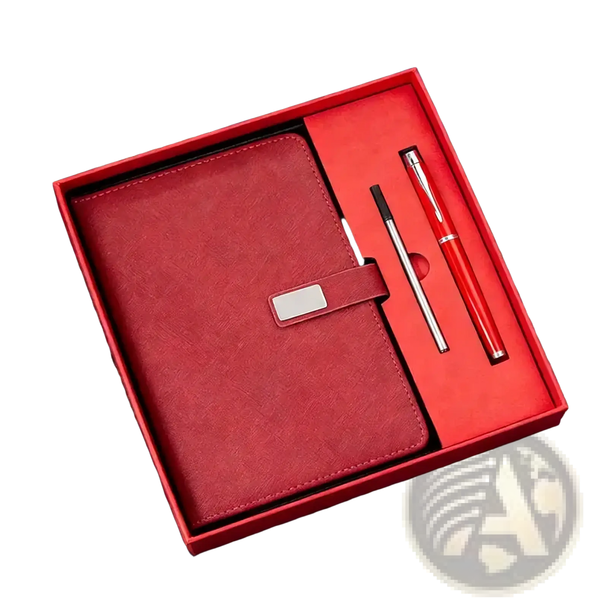 Red leather corporate gift notebook and pen set with silver clasp and matching red pen in a gift box